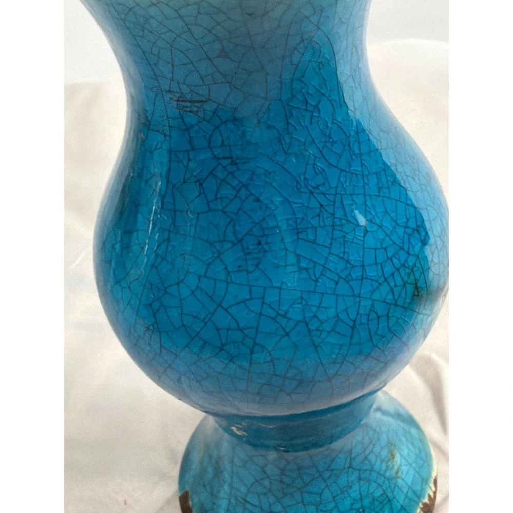 Vintage Turquoise Blue Crackle Glaze Ceramic Bud Vase Hourglass Teal 7 Inch